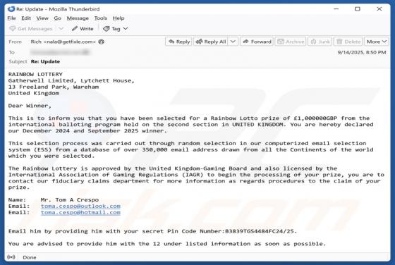Estafa por correo electrónico Rainbow Lottery