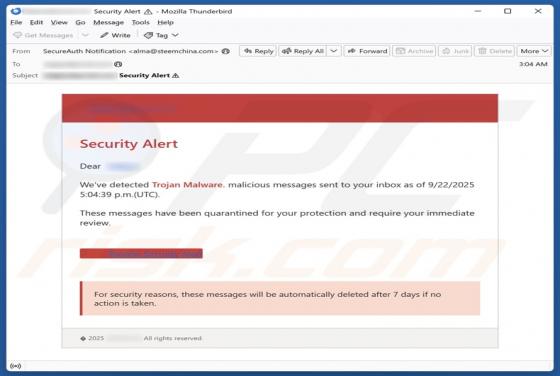 Security Alert - We've Detected Trojan Malware Email Estafa