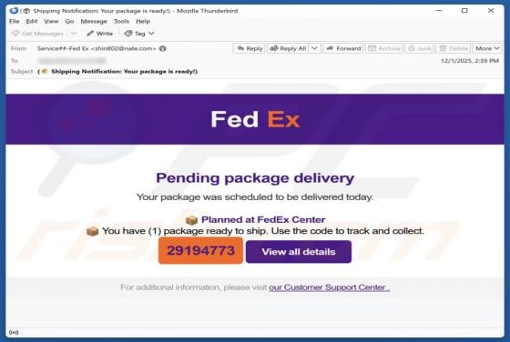 Estafa por correo electrónico "FedEx - Pending Package Delivery"