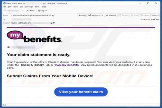 Estafa por correo electrónico "My Benefits - Your Claim Statement Is Ready"