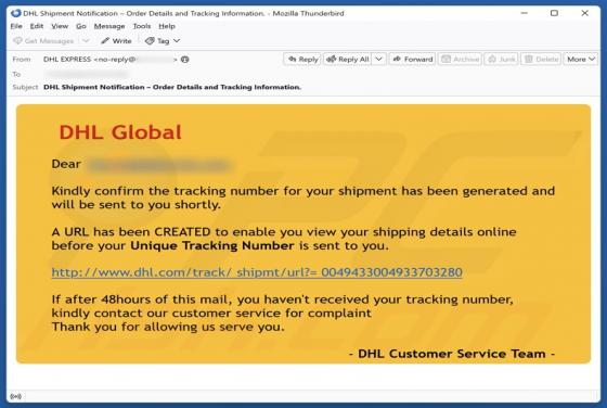 Estafa por correo electrónico DHL Global - Shipment Tracking Number