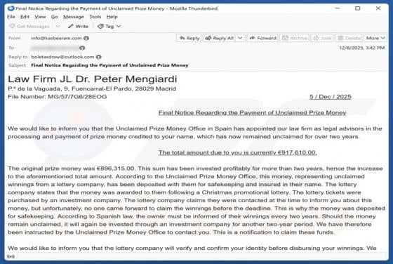 Estafa por correo electrónico Unclaimed Prize Money