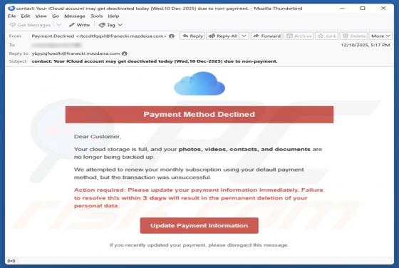 Estafa por correo electrónico "iCloud Payment Method Declined"
