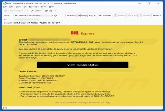 Estafa por correo electrónico "DHL Express - Incomplete Address Information"