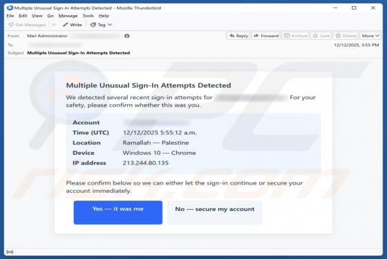 Estafa por correo electrónico "Multiple Unusual Sign-In Attempts Detected"