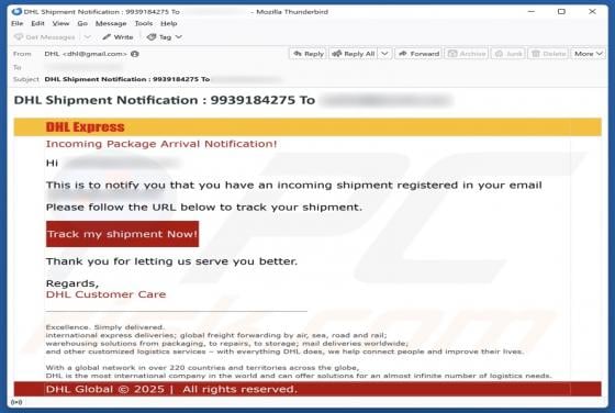 Estafa por correo electrónico "DHL Express - Incoming Package Arrival Notification"
