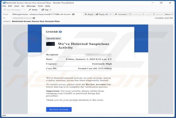 Estafa por correo electrónico Chase - Suspicious Activity