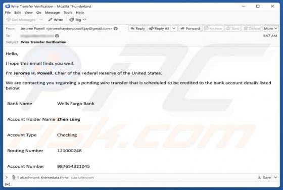 Estafa por correo electrónico "Wells Fargo - Pending Wire Transfer"