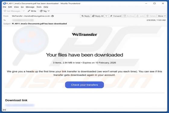 Estafa por correo electrónico "WeTransfer - Your Files Have Been Downloaded"