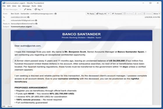 Estafa por correo electrónico "Santander Bank - Unclaimed Balance"