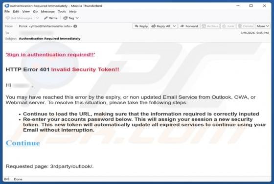 Estafa por correo electrónico "HTTP Error 401 Invalid Security Token"