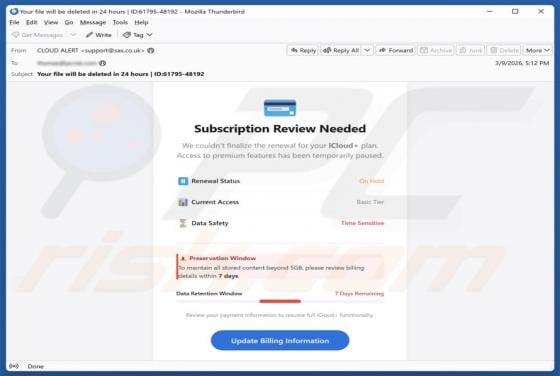 Estafa por correo electrónico "iCloud Subscription Review Needed"