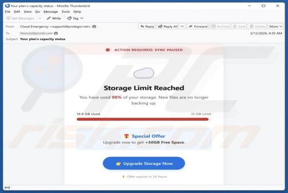 Estafa por correo electrónico "Storage Limit Reached"