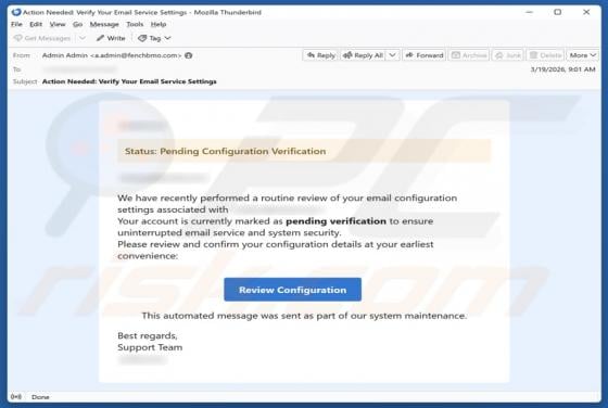 Estafa por correo electrónico "Pending Configuration Verification"
