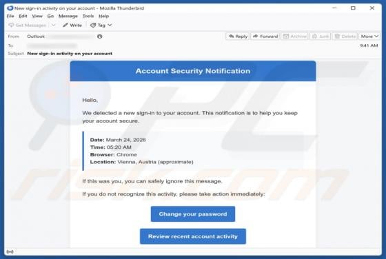 Estafa por correo electrónico "Account Security Notification"