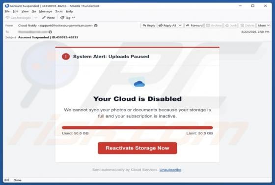 Estafa por correo electrónico "Your Cloud Is Disabled"