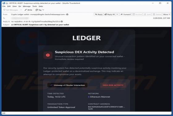 Estafa por correo electrónico "Ledger - Suspicious DEX Activity Detected"