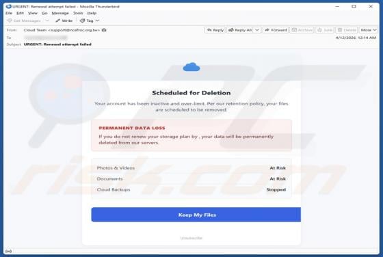 Cloud Account Scheduled For Deletion estafa por correo electrónico