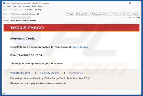 Wells Fargo Credit/Refund estafa por correo electrónico