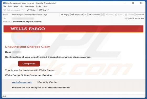 Wells Fargo - Unauthorized Charges estafa por correo electrónico