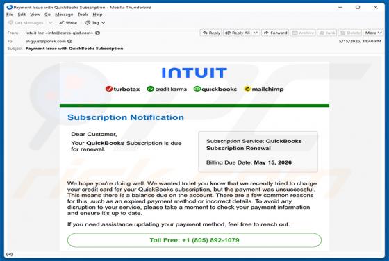 Intuit QuickBooks Subscription Is Due For Renewal estafa por correo electrónico