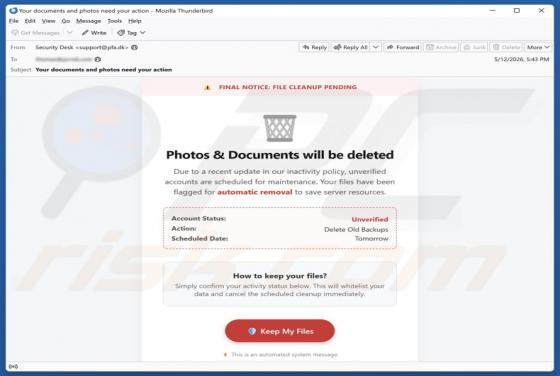 Photos & Documents Will Be Deleted estafa por correo electrónico