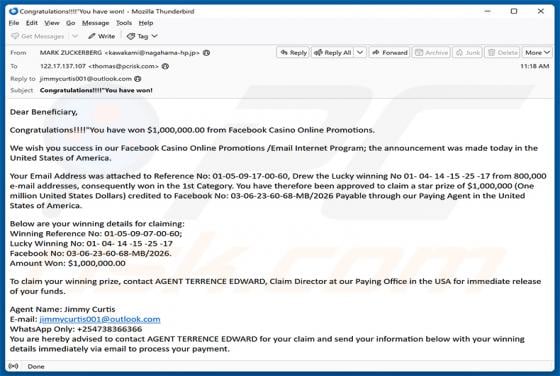 Facebook Casino Online Promotions estafa por correo electrónico