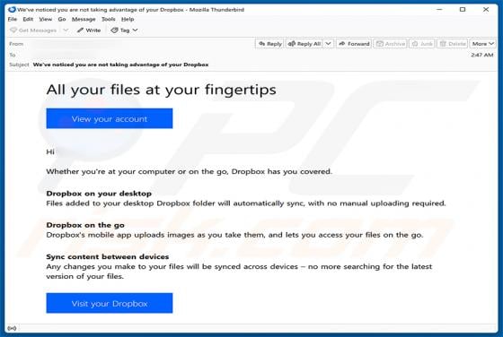 Dropbox Service Usage Reminder estafa por correo electrónico