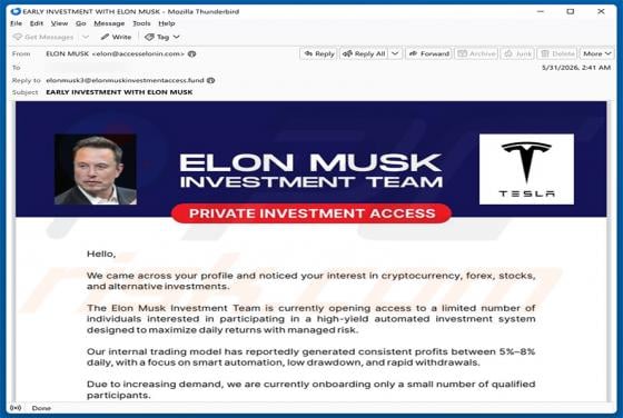 Elon Musk Investment Team estafa por correo electrónico