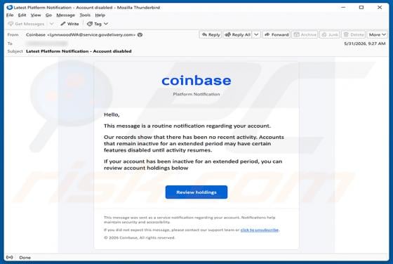 Coinbase - Disablement Of Inactive Accounts estafa por correo electrónico