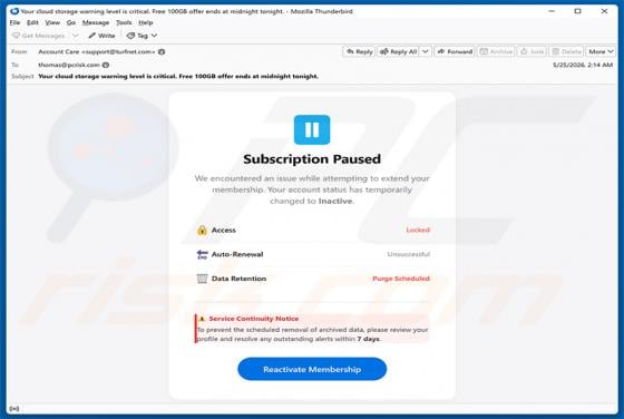 Cloud Subscription Paused estafa por correo electrónico
