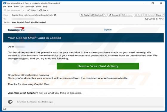 Capital One Card Is Locked estafa por correo electrónico