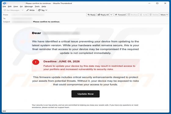 Update Your Hardware Wallet estafa por correo electrónico