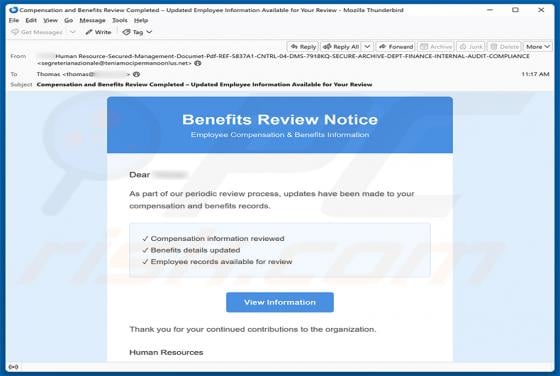 Benefits Review Notice estafa por correo electrónico