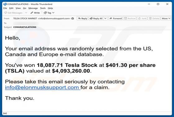 You\'ve Won Tesla Stock estafa por correo electrónico