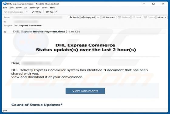 DHL Express Commerce Status Update estafa por correo electrónico