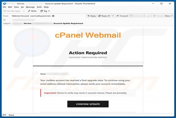 cPanel Final Account Upgrade State estafa por correo electrónico
