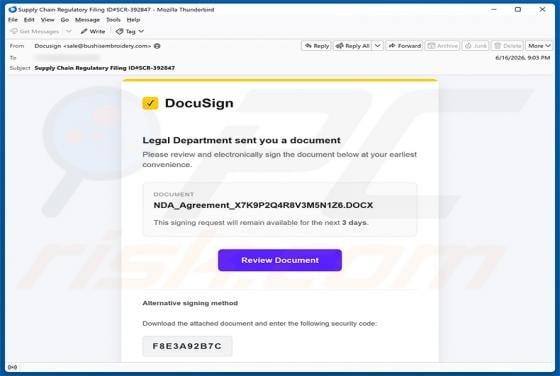 DocuSign - Legal Department Document virus por correo electrónico