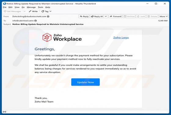 Zoho Workplace Payment Method Update estafa por correo electrónico