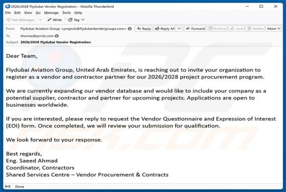 Flydubai Vendor Registration estafa por correo electrónico