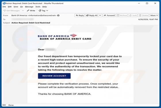 Bank Of America Card Locked estafa por correo electrónico