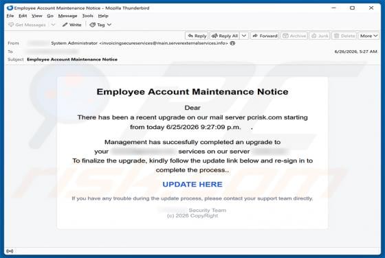 Employee Account Maintenance Notice estafa por correo electrónico