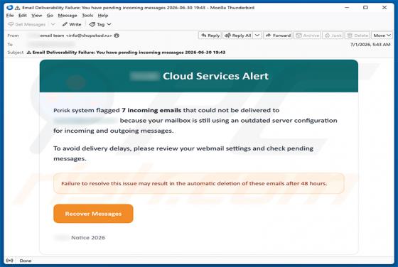 Cloud Services Alert estafa por correo electrónico