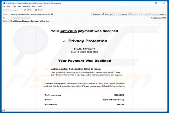 Your Antivirus Payment Was Declined estafa por correo electrónico