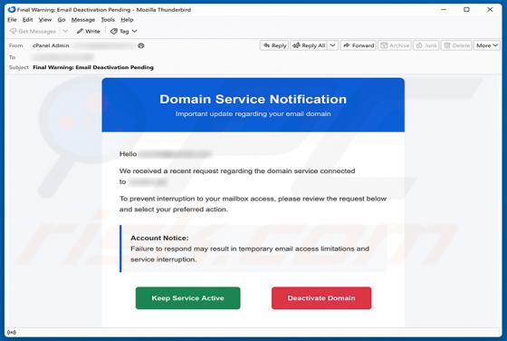 Domain Service Deactivation estafa por correo electrónico