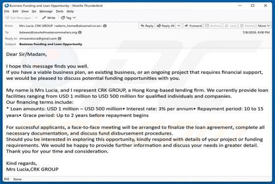 Business Funding Opportunities estafa por correo electrónico