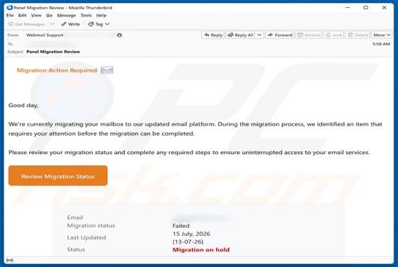 Migration Action Required estafa por correo electrónico
