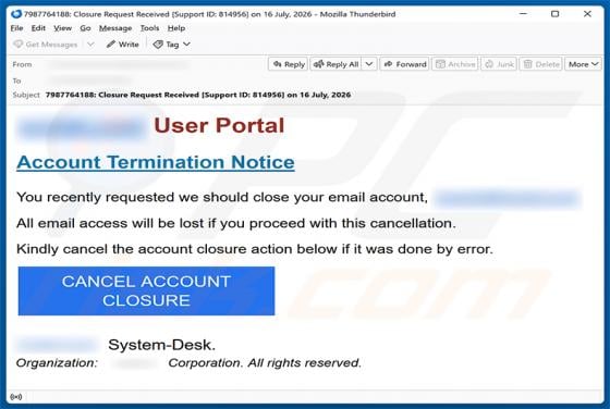 Account Termination Notice estafa por correo electrónico