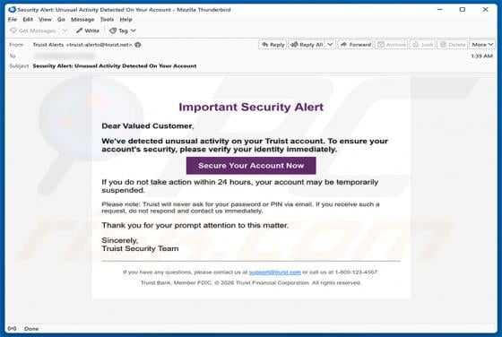 Truist Security Alert estafa por correo electrónico