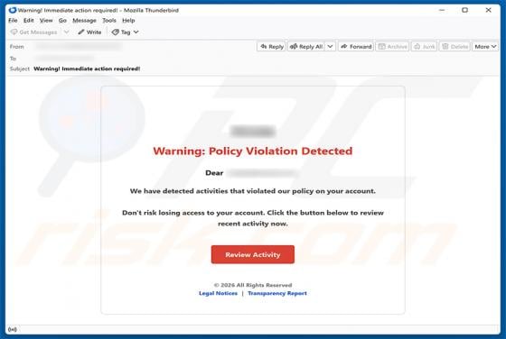 Policy Violation Detected estafa por correo electrónico